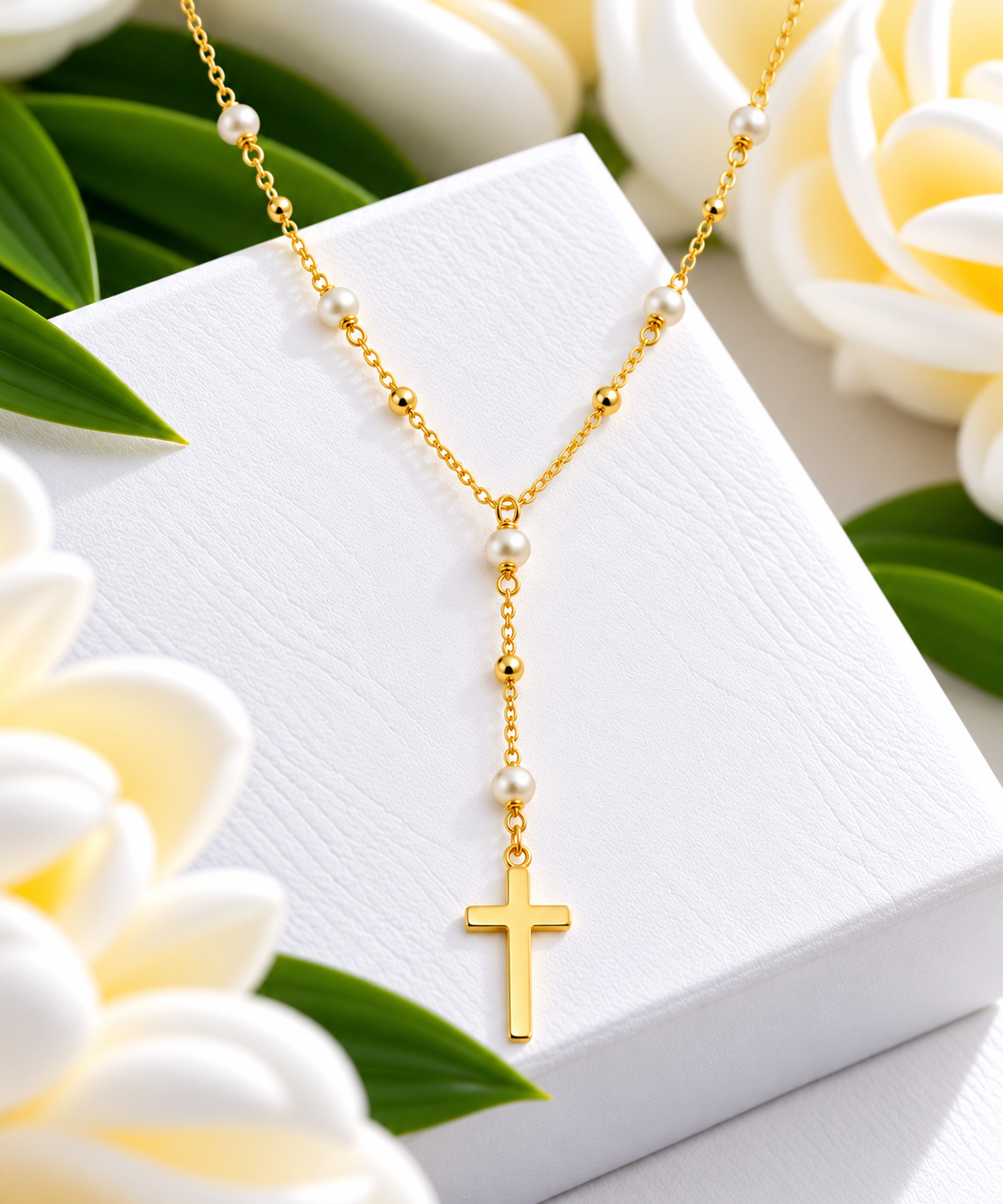 Petite rosary with pearls necklace